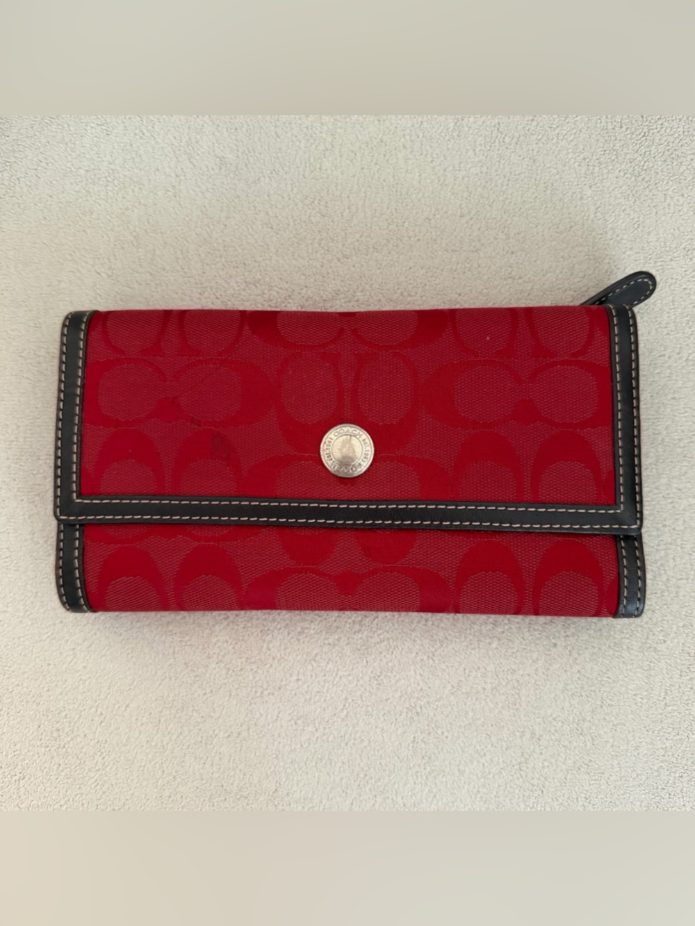 COACH Red Signature Canvas Trifold Wallet with Black Trim